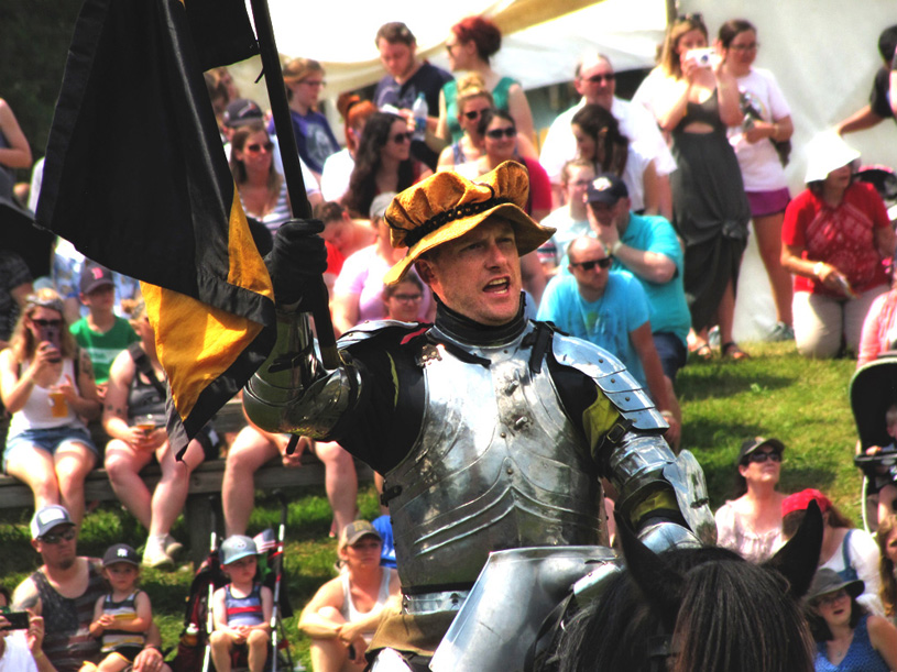 Knight waving banner. He is on horse back.