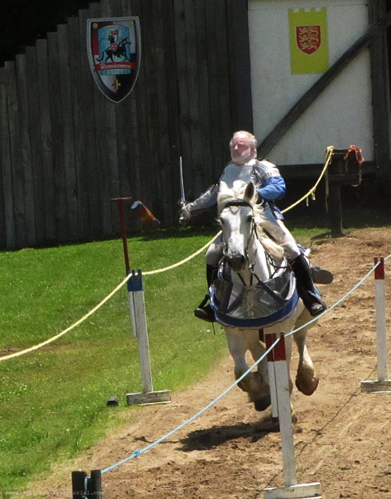 Jousterknocking a target off a post.