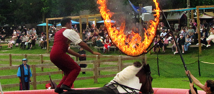 Man standing on a horse. The man is about to jump thru a ring of fire. 