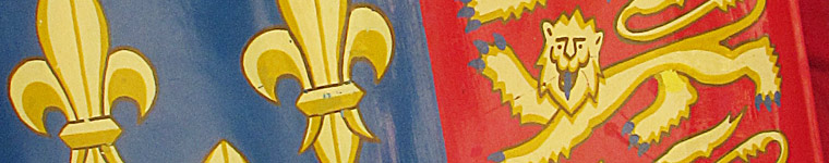 close up os a shield with lions and fleur-de-lis
