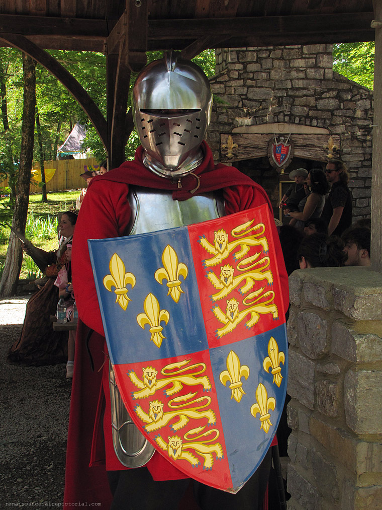 A Knight in armor, They are standing in an entryway. they have a helmet and breatplate. res sleeves and cloak. holding a shield.