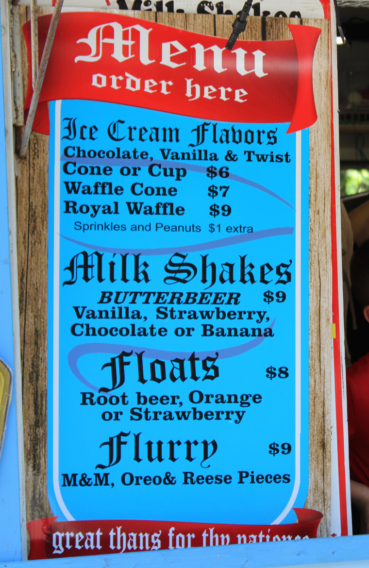 Menu listing ice cream and shakes.