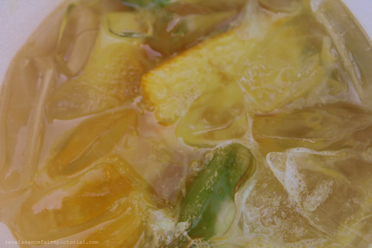ice, lemon,lime, and orange slices ina drink.